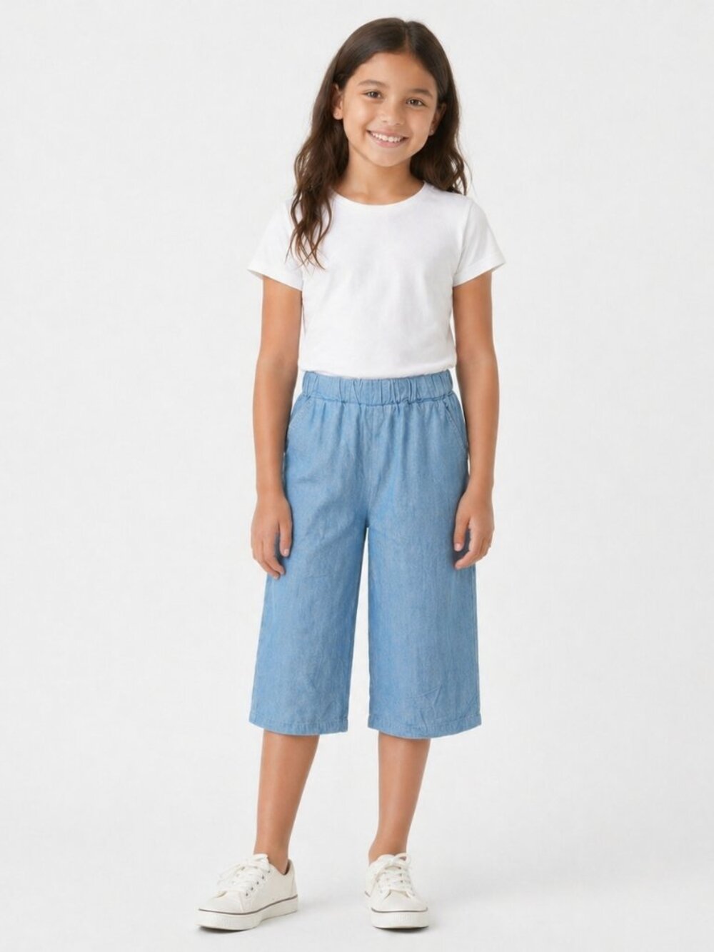 BubbleTree Chambray Elastic Waist Pull On Baggy Wide Leg Pocket Shorts Culotte